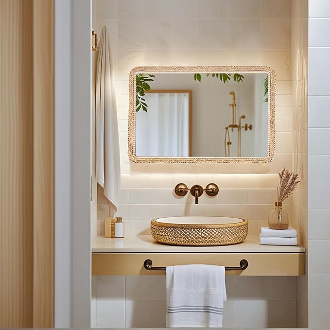 FUIN 24x36 Large Wall Mirror, Wood Frame with Braided Seagrass and Wooden Bead, Vertical & Horizontal Coastal Mirror for Bathroom