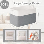 Goodpick 105L Extra Large Woven Blanket Basket Cotton Rope Storage Baskets for Organizing, Rectangle Baby Laundry Basket for Living Room Home Decor, 25"x16"x16", White & Gray