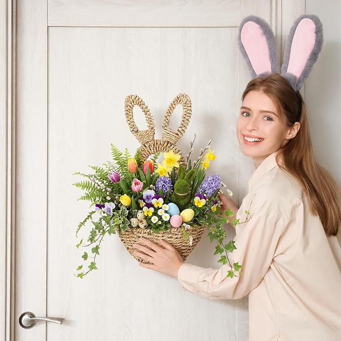 LemonRoad 16.1 Inch Easter Bunny Basket Easter Bunny Woven Wicker Basket Hanging Wall Rabbit Pocket for Spring Front Door Flowers Eggs Gifts Decor