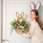 LemonRoad 16.1 Inch Easter Bunny Basket Easter Bunny Woven Wicker Basket Hanging Wall Rabbit Pocket for Spring Front Door Flowers Eggs Gifts Decor