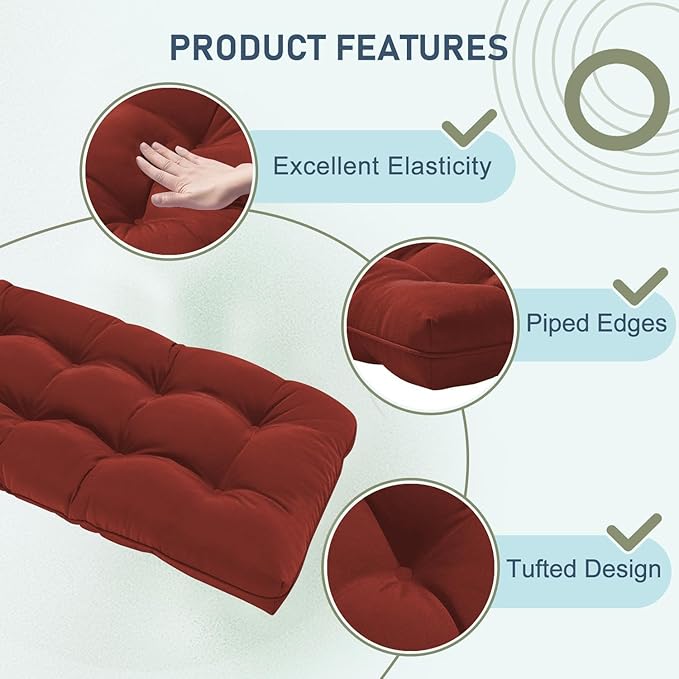 downluxe Outdoor Bench Cushion for Patio Furniture, Water Resistant Tufted Overstuffed Porch Swing Cushions, Thick Outdoor Loveseat Cushions, 44" X 19" X 5", Brick Red, Set of 1