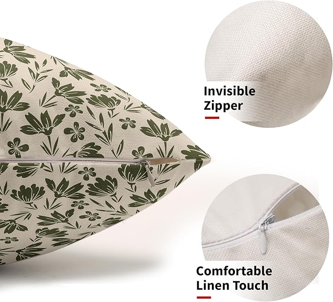 Olive Green Floral Pillow Covers 12x20 Set of 2 Vintage Rustic Old Style Cute Small Flower Green Cream Print Decorative Outdoor Pillowcases Farmhouse Throw Cushion Case Decor for Couch Sofa Bed