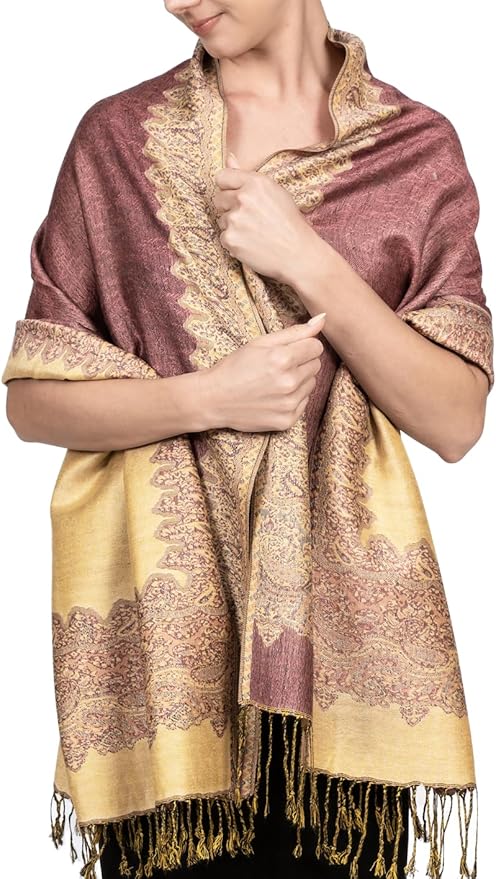 Achillea Reversible Paisley Pashmina Rave Scarf – Exotic Indian Shawls and Wraps for Evening Dresses, Festivals, All Seasons