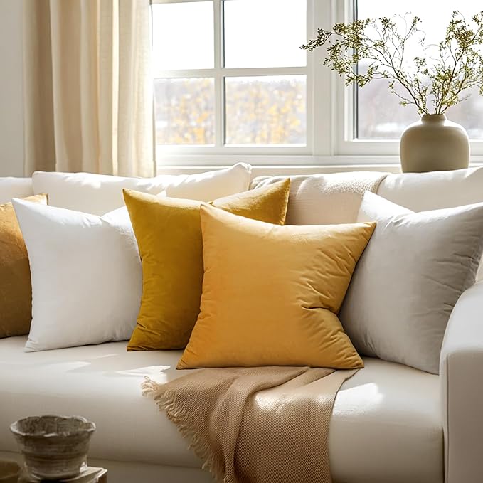 MIULEE 24x24 Inch Euro Sham Velvet Pillow Covers, Set of 2 Large Square Spring Decorative Pillows -Mustard Yellow Super Soft for King Bed, Sofa, Couch, Accent Chairs with Hidden Zipper