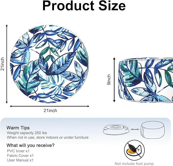 Inflatable Ottoman Stool D21 xH9 for Outdoor/Indoor Use, Water Repellent Patio Foot Rest Stool with Portable Handle,Round Pouf Ottoman Suitable for Garden,Deck and Camping - Leaves Ink Blue