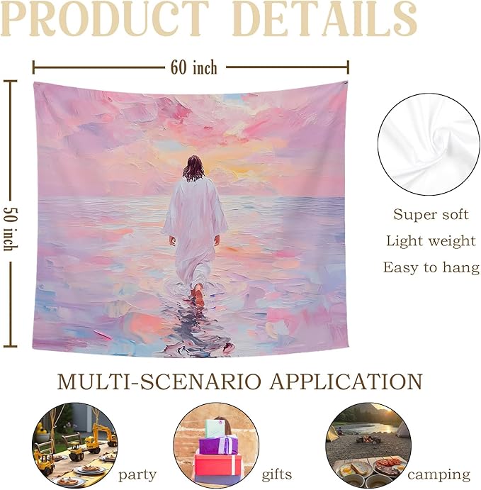 bitCNY Jesus Sunset Walk Tapestry – Pink Pastel Christian Wall Hanging, Peaceful Inspirational Decor for Bedroom or Prayer Room, 50x60 Inch