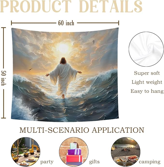 bitCNY Jesus Walking on Water Tapestry 60x50 Inches – Christian Wall Hanging for Living Room Bedroom, Religious Decor, Inspirational Jesus Christ Art for Home