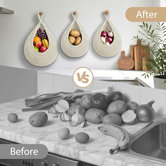 Hanging Fruit Baskets for Kitchen, 3 Pack Boho Cotton Rope Handwoven Vegetable Storage Wall Mounted Large Organizing Basket for Farmhouse Decor, Onion, Potato, Garlic and Plants (White)
