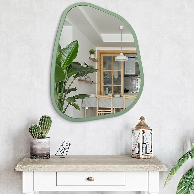 Asymmetrical Mirror for Wall Irregular Accent Wood Frame Modern Unique Wall Mirror Decorative Vanity Bathroom Living Room Bedroom Entryway Hallway Artistic Wavy Mirror Large 26"x18"
