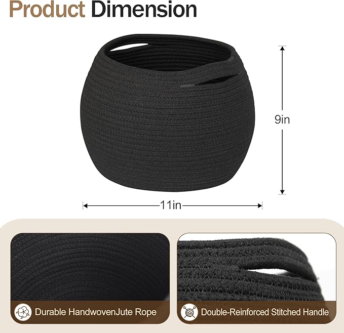 Black Woven Storage Basket, 11" x 9" Indoor Plant Basket for Decor, Decorative Small Cotton Rope Bin for Organizing Pet Toy, Gifts, Towel, Cloth, Socks, Wicker Planter Holder, Modern Shoe Bin