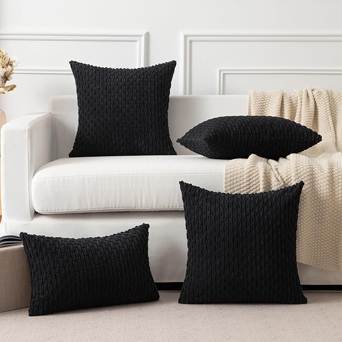 Kevin Textile 14x20 Inch Pillow Cover 1 Pack Boho Decorative Soft Striped Corduroy Lumbar Farmhouse Accent Rectangle Cushion Case for Living Room Couch Sofa Bed, Black