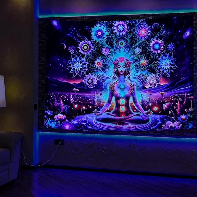 Dermijer Blacklight Seven Chakra Yoga Meditation Tapestry Flower Chakra Tapestries Galaxy Space Planet Tapestry UV Reactive Lotus Tapestries Wall Hanging for Home Decor 92.5L x 70.8W