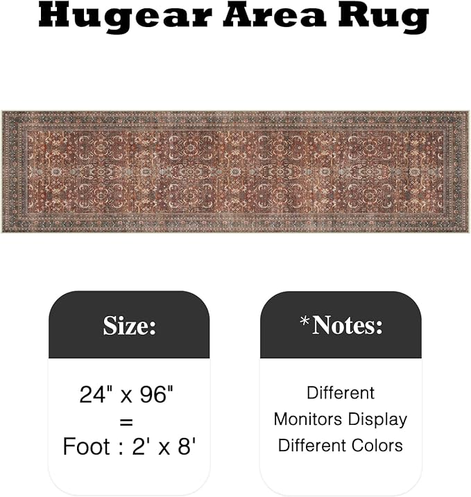 HUGEAR 2x8 Runner Rug Hallway Vintage Brick Red Machine Washable Retro Floral Low Pile Carpet Vacuumable Distressed Long Throw Rug Bedroom Office Bathroom Kitchen Laundry Non Slip Soft Lightweight
