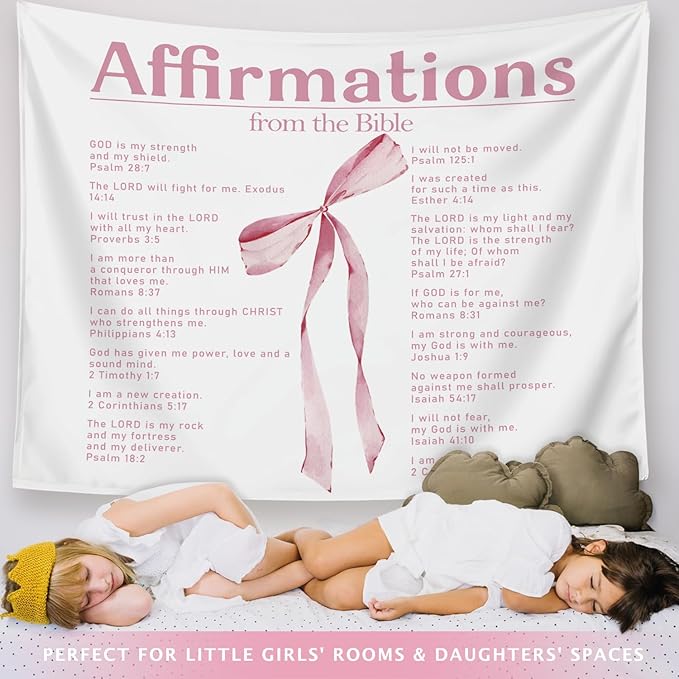 LIANGW Coquette Pink Bow Christian Tapestry Aesthetic, Wall Tapestry for Bedroom, Coquette Preppy Room Decor for Teen Girls & Women, Bible Verses Tapestries Wall Hanging 50x60 inche