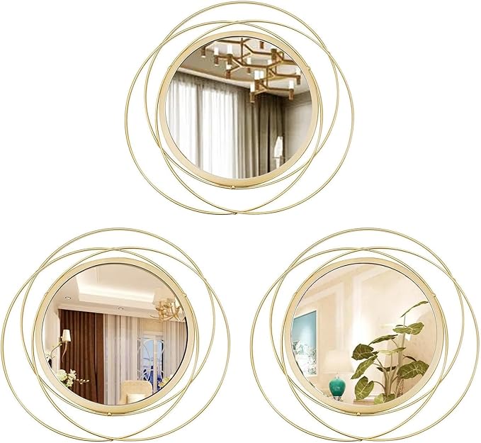 3 Set 9.5 Inch Gold Circle Mirrors Wall Decor Iron Frame Wire Mirror Metal Circular Mirror Home Decor Hanging Mirrors for Room/Bedroom/Bathroom/Entryway