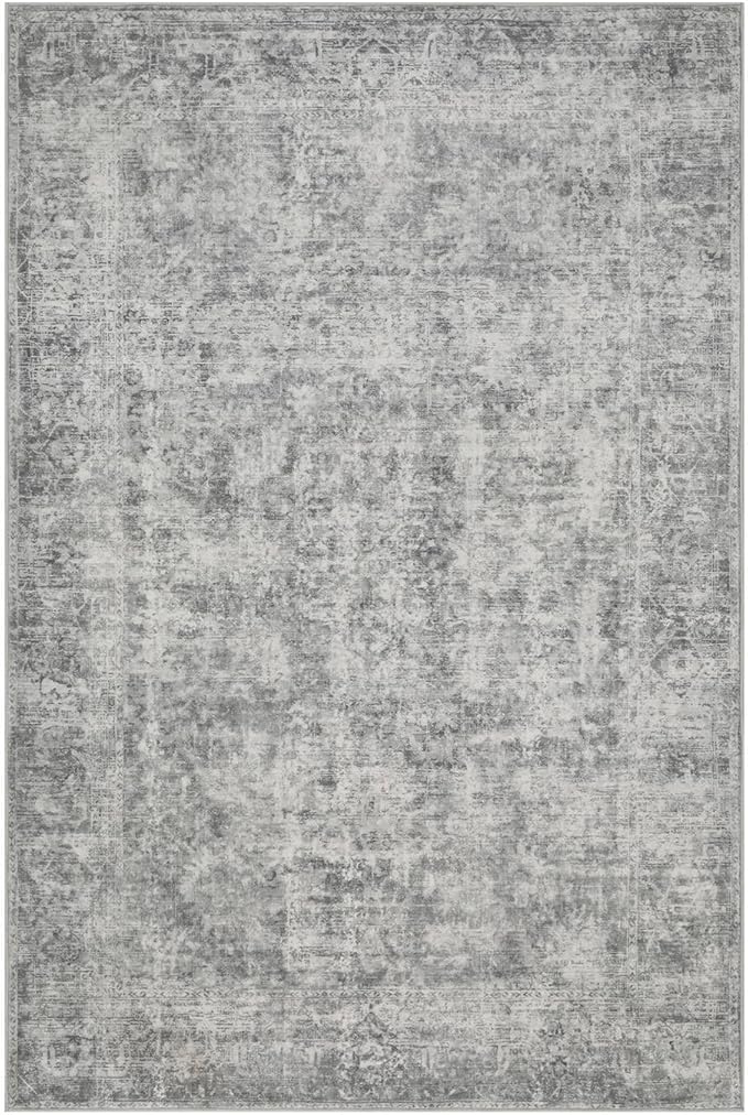 5x7 Area Rugs for Living Room Bedroom, Grey Washable Rug, Neutral Abstract Boho Rug, Non Slip & Low Pile Faux Wool Carpet for Indoor Dining Room and Farmhouse(Grey 5x7ft)