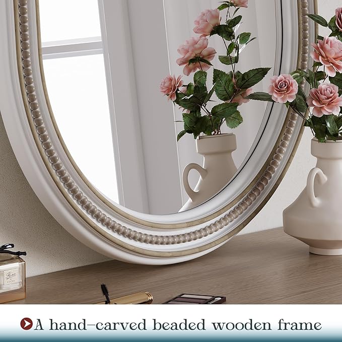 Farmhouse Oval Bathroom Boho Wall Mirror, 20" x 30" Antique Oval Bathroom Mirrors Over Sink, Wooden Wall Mirror for Bedroom, Living Room, Hallway, Vertical or Horizontal Hanging
