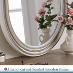 Farmhouse Boho Beaded Oval Arched Wall Mirror, 24" x 48" Rustic Wooden Large Wall Mirror for Bathroom, Bedroom, Entryway, Living Room, Hang Horizontally or Vertically.