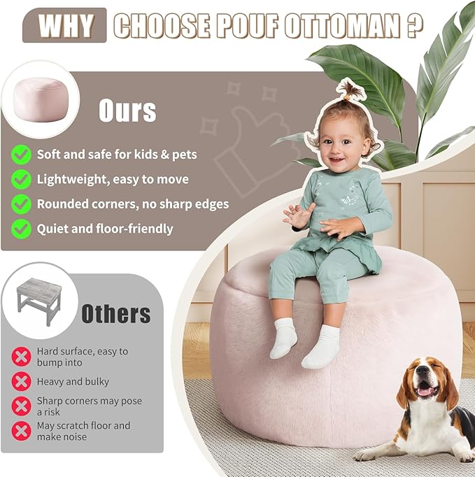 Round Stuffed Pouf Ottoman for Foot Rest, A Round Modern Foam Filled Poufs, Floor Chair for Living Room, Nursery, Dorm, A Soft Modern Foot Stool Perfect to Rest Your Feet (Pink, 29Inch)