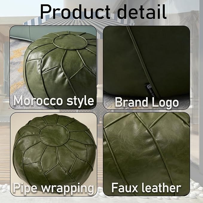 Louis Donné Handmade Moroccan Boho Chic Eco-Friendly Waterproof Faux Leather Unstuffed Pouf Ottoman Cover,Round Storage DIY Foot Rest, Ethnic Decorative Accent for Living Room Bedroom（Green）