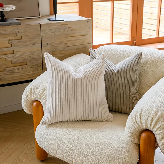 LANANAS Neutral Couch Throw Pillow Covers 18x18 Inch Set of 4 Decorative Farmhouse Boho Throw Pillows for Living Room, Couch, Bed, Sofa Soft Corduroy Accent Home Decor (Neutral, 18x18 Inch)