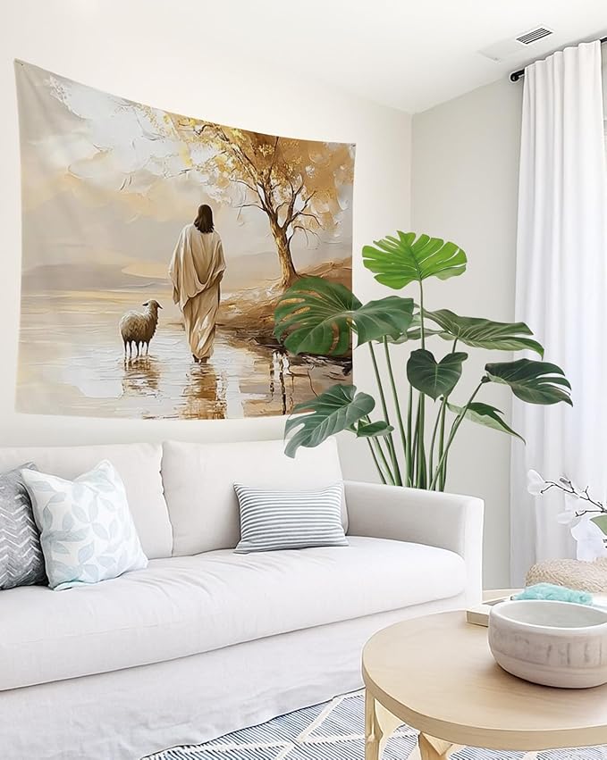 bitCNY Jesus and Sheep Tapestry 60x50 Inches – Autumn Christian Wall Art, Religious Home Decor, Pastoral Faith Tapestry for Living Room Bedroom