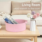 Woven Basket,Small Rope Storage Bin with Handles & Ribbon Bag, Organizer for Shelves Closets,Gift Basket Empty for Birthday,Books,Dog Toys, Pink/2 Pack