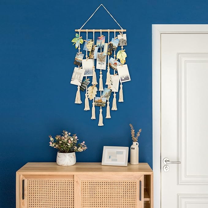 Mkono Hanging Photo Display Boho Macrame Wall Decor with Light, Teen Girl Teenage Gifts, Pictures Cards Frame Holder Art Hanger for Christmas Birthday Party Bedroom Dorm, with 30 Wood Clips, Ivory