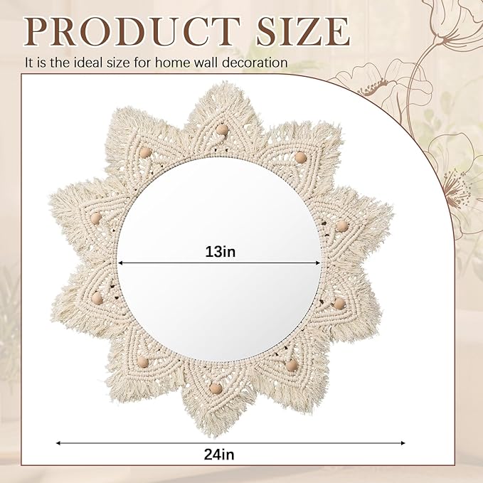 24" Boho Mirror Wall Decor Macrame Hanging Round Mirror with Wooden Beads Large Circle Sunburst Wall Decor for Bedroom Living Room Nursery Apartment Entryway Home Gift, Beige