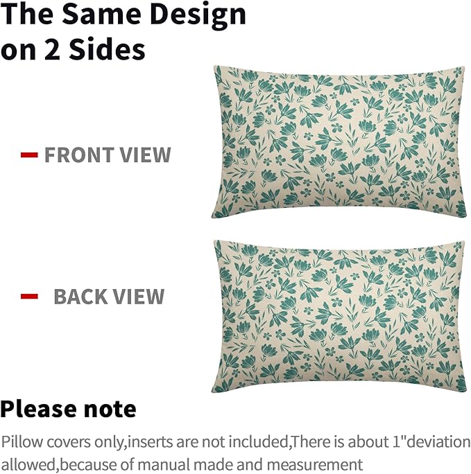 Aqua Floral Pillow Covers 12x20 Set of 2 Vintage Rustic Old Style Cute Small Flower Teal Cream Print Decorative Outdoor Pillowcases Farmhouse Throw Cushion Case Decor for Couch Sofa Bed