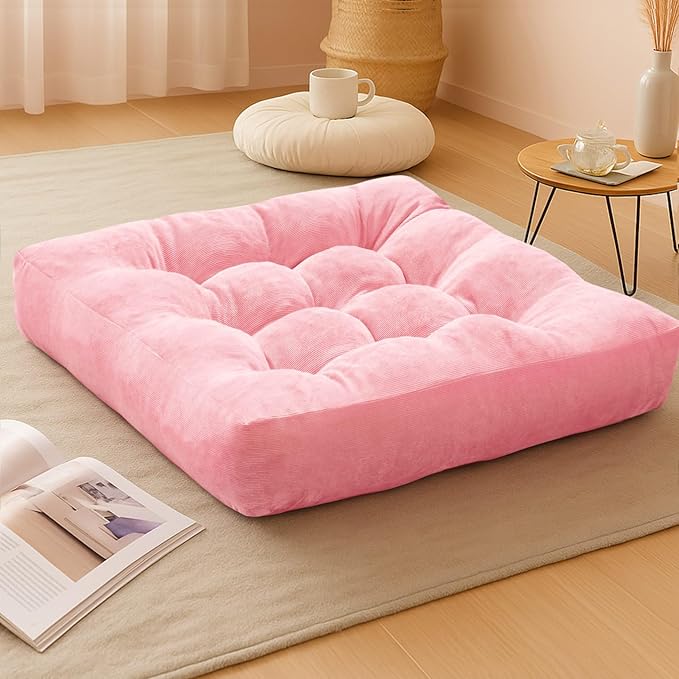 Meditation Floor Pillow Pink, Square Large Pillows Seating for Adults, Tufted Corduroy Cushion for Living Room Tatami, 22x22 Inch, 1 Count (Pack of 1)