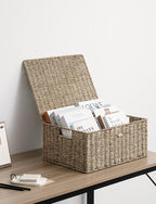StorageWorks Seagrass Wicker Baskets for Organizing, Large Wicker Basket with Lid, Decorative Basket with Built-in Handles, Storage Baskets for Shelves, 1 Pack