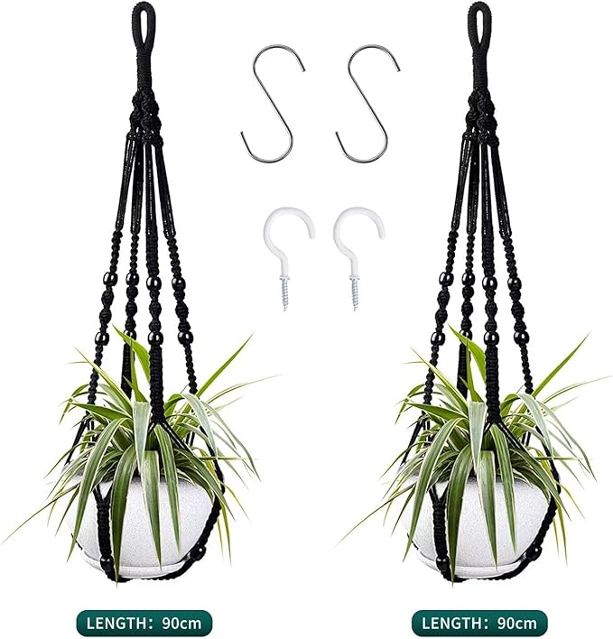 Macrame Plant Hanger Indoor Hanging Planter Basket with Wood Beads Handmade Woven Cotton Rope Flower Pot Holder Stand for Boho Outdoor Home Decor No Tassels, 35 Inch, Set of 2