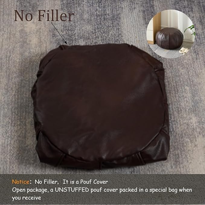 Louis Donné Brown Waterproof Faux Leather Unstuffed Pouf Ottoman, Handmade Moroccan Pouf Cover 21"x13", Round Floor Cushion Floor Chair Footstool for Living Room, Bedroom and Wedding (Only Cover)