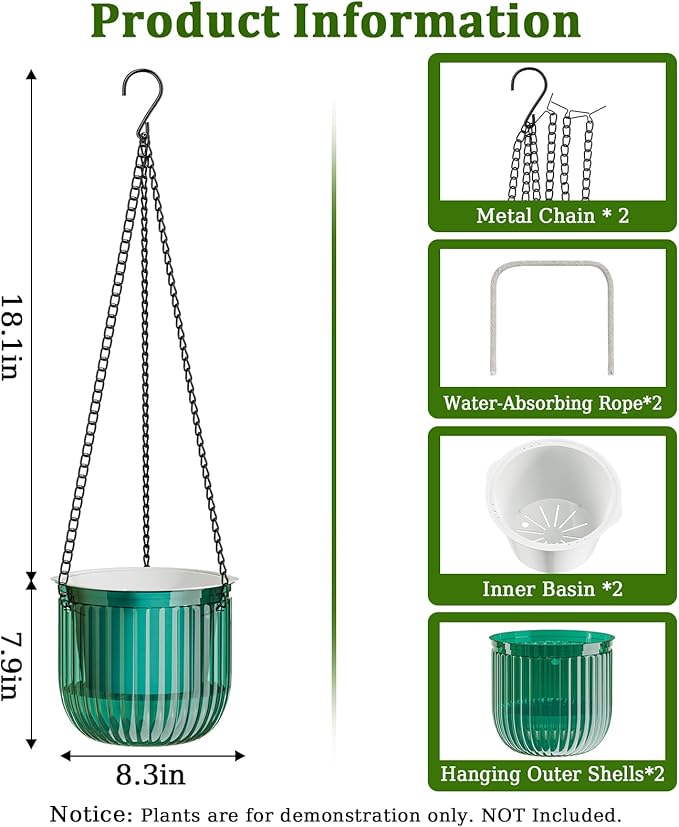 Halatool 8.3 Inch Hanging Pots for Plants Indoor- 2 Pack Self-Watering Hanging Planters Flower Pots, Plant Hanger with Hooks Drainage Holes for Garden Home (Green)