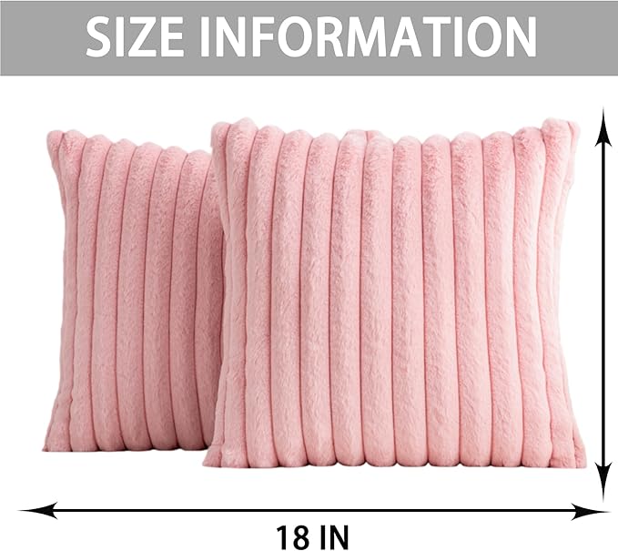 Pack of 2 Faux Fur Christmas Throw Pillow Covers 18x18 Inch, Soft Plush Striped Neutral Couch Pillow Cover, with Velvet Back Modern Home Decor for Sofa Living Room Couch Bed Pink
