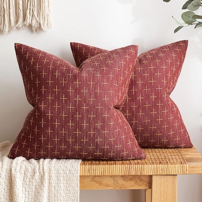 MIULEE Pack of 2 Christmas Decorative Burlap Linen Throw Pillow Covers Modern Farmhouse Pillowcase Rustic Woven Textured Cushion Cover for Sofa Couch Bed 24x24 Inch Wine Red