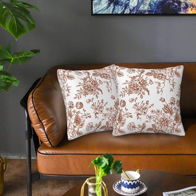 Chinoiserie Brown and White Pillow Covers 18x18 Set of 2, Vintage Rustic Flower Floral Throw Pillow Covers Outdoor Decorative Pillow Case for Couch Bed Sofa Cushion Home Decor