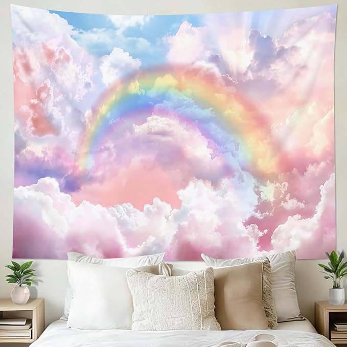 HVEST Rainbow Cloud Tapestry, Polyester Wall Art, Rainbow and Pink Cloud with Glow Sunshine in Pastel Sky, Aesthetic Nature Landscape, Bedroom Living Room Decor, 60x40 Inches