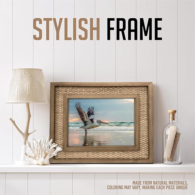 Rattan Picture Frame for 8x10 Photos | EACH UNIQUE Natural Fir Wood, Handwoven Rattan Mat, Boho Coastal Decor, Wall/Table Mount (12.5" x 14.5" Outer)