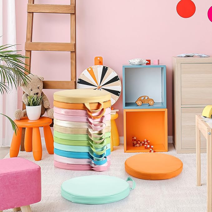 Sawysine 12 Pcs Floor Cushions Classroom Flexible Floor Seating with Handle for Kids in Home School Classroom Kindergarten Daycare Nursery (Pastel Color,Round)