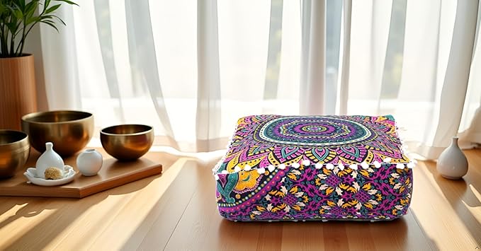 CRAFT KALA Large Hippie Mandala Meditation Floor Ottoman Pillow Cushion Pouf Cover Square Poufs Bohemian Circle Floor Cushion Case Outdoor Fireplace Yoga Living Room Decor Cover New Pink, 24" Square