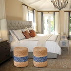 Wimarsbon 2Pcs Pouf Ottomans, Natural Seagrass Foot Stool, Hand Weaving Round Ottoman, Boho Decorative Seat, Jute Braided Pouffe Poof Accent Sitting Footrest for Living Room (Blue-2)