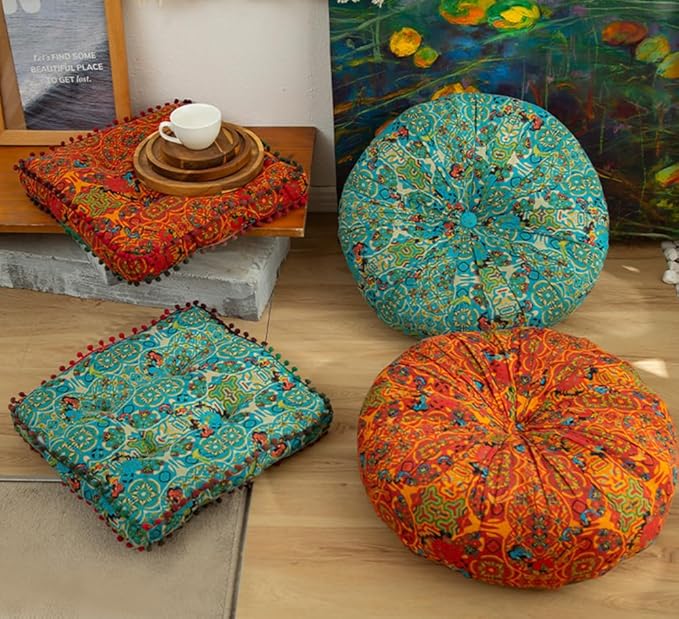 Square Bohemian Floor Pillow, Meditation Floor Seat Cushion, Large Soft Cotton Linen Chair Pad for Yoga Living Room Balcony Outdoor Tatami, 16.5x16.5 Inch (Square Blue)