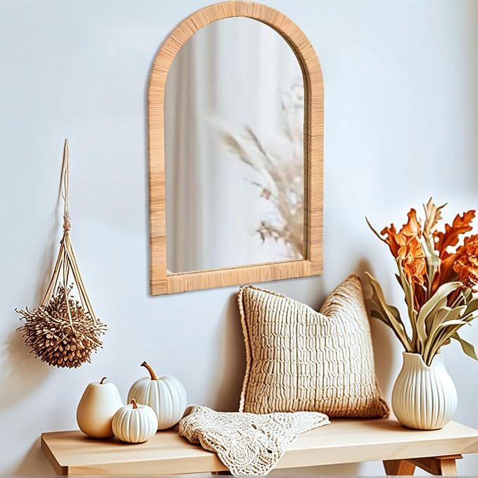 FUIN Boho Rattan Wall Mirror 20×30 Inch Arched Natural Rattan Frame – Farmhouse Bathroom Vanity Mirror – Wicker Decorative Hanging Mirror for Living Room, Bedroom, Entryway