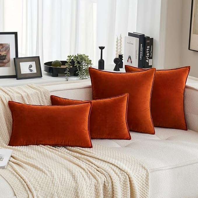 MIULEE Burnt Orange Velvet Throw Pillow Covers 18x18 Soft Decorative Solid Square Cushion Cases Pack of 2 Modern Luxury Home Decor for Couch, Sofa, Bedroom