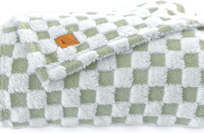 Sage Green & White Fuzzy Fun 3D Checkered Throw Blanket – Ultra Soft Shaggy Fleece for Cozy Comfort. Beautiful Gift for Women with Style 50 x 65 inches.