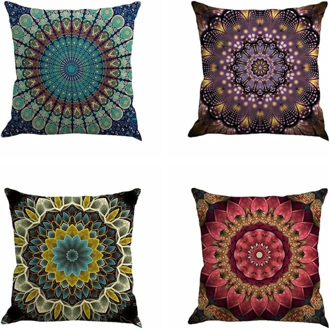 Jartinle Set of 4 Retro Floral Mandala Compass Medallion Bohemian Pillow Covers Boho Decor Hippie Throw Pillows Decorative for Sofa Couch 18 x 18