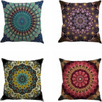 Jartinle Set of 4 Retro Floral Mandala Compass Medallion Bohemian Pillow Covers Boho Decor Hippie Throw Pillows Decorative for Sofa Couch 18 x 18