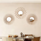3 Pack Metal Mirrors for Wall Sunburst Wall Mirrors Home Décor Decorative Hanging Wall Art for Living Room Bedroom Entryway (Rose Gold2, Flower+Sunburst)